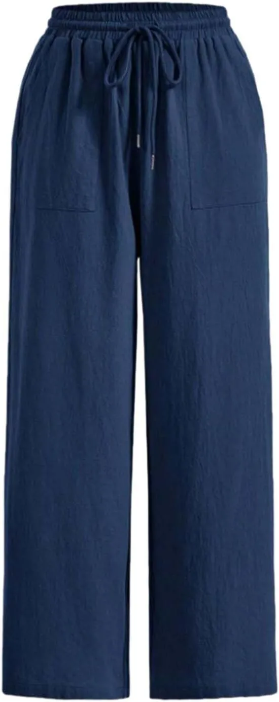 Cotton Linen Trousers for Women Drawstring High Waisted Lightweight Loose Wide Leg Palazzo Pants Casual Holiday Pants