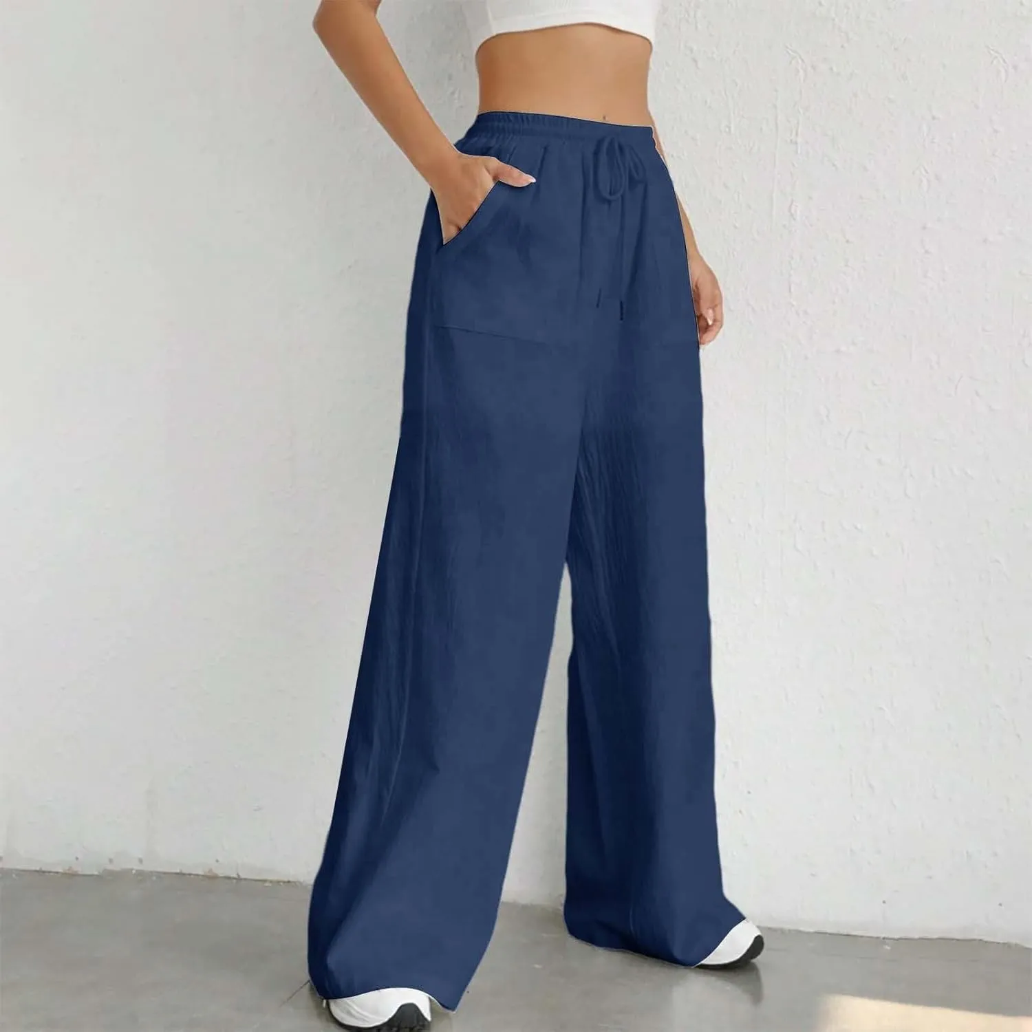 Cotton Linen Trousers for Women Drawstring High Waisted Lightweight Loose Wide Leg Palazzo Pants Casual Holiday Pants