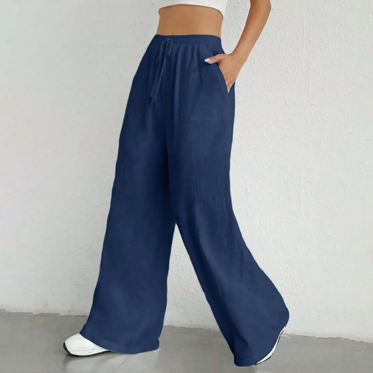 Cotton Linen Trousers for Women Drawstring High Waisted Lightweight Loose Wide Leg Palazzo Pants Casual Holiday Pants