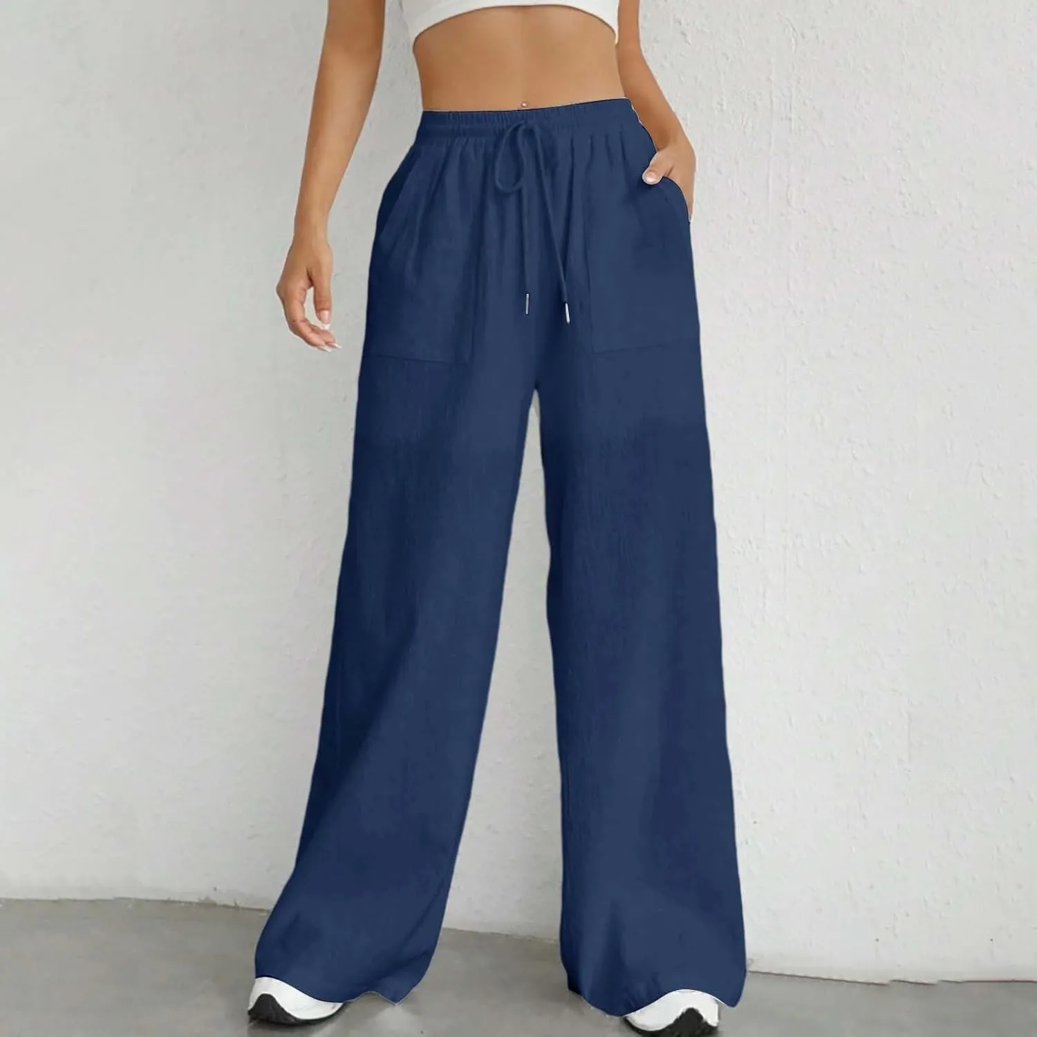 Cotton Linen Trousers for Women Drawstring High Waisted Lightweight Loose Wide Leg Palazzo Pants Casual Holiday Pants