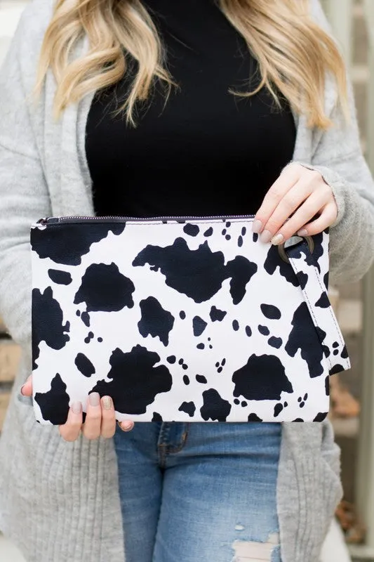 Cow Print Oversized Clutch Bag with Wristlet Strap