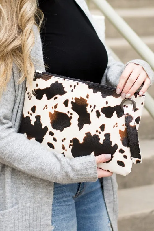 Cow Print Oversized Clutch Bag with Wristlet Strap