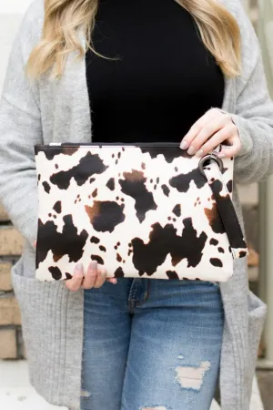 Cow Print Oversized Clutch Bag with Wristlet Strap