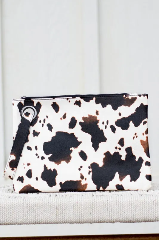Cow Print Oversized Clutch Bag with Wristlet Strap