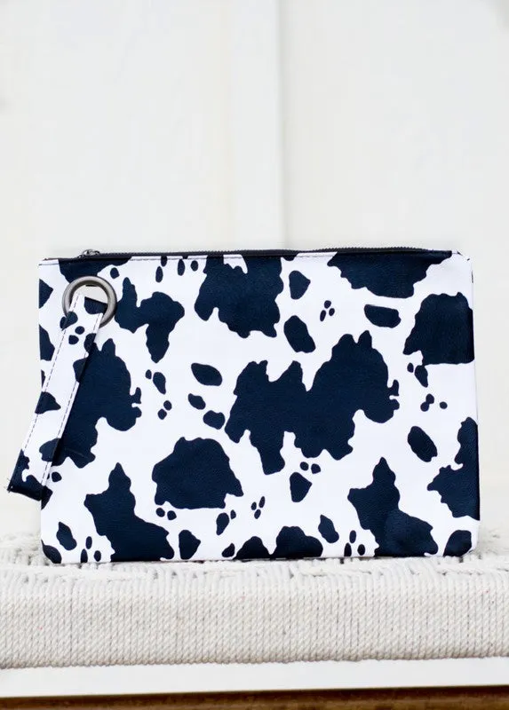 Cow Print Oversized Clutch Bag with Wristlet Strap