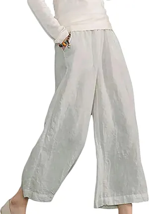 Cropped Linen Pants Women Wide Leg Summer Casual Loose Elastic Waist Trouser Solid Basic Lounge Pants with Pockets