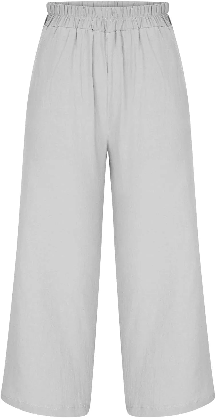 Cropped Linen Pants Women Wide Leg Summer Casual Loose Elastic Waist Trouser Solid Basic Lounge Pants with Pockets