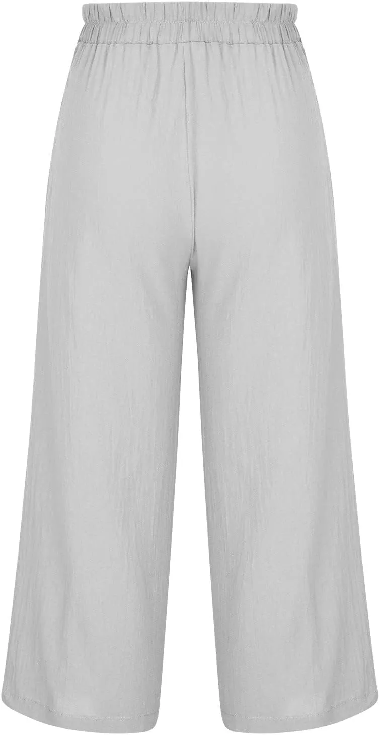 Cropped Linen Pants Women Wide Leg Summer Casual Loose Elastic Waist Trouser Solid Basic Lounge Pants with Pockets