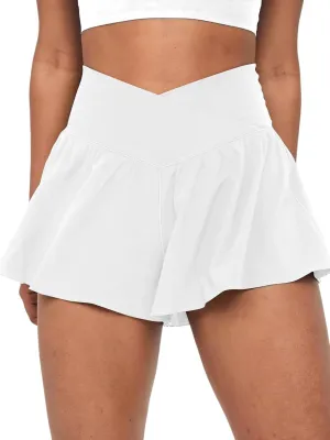 Crossover Flowy Shorts for Women 2 in 1 Athletic Butterfly Running Shorts Tennis Gym Workout Skort with Pocket