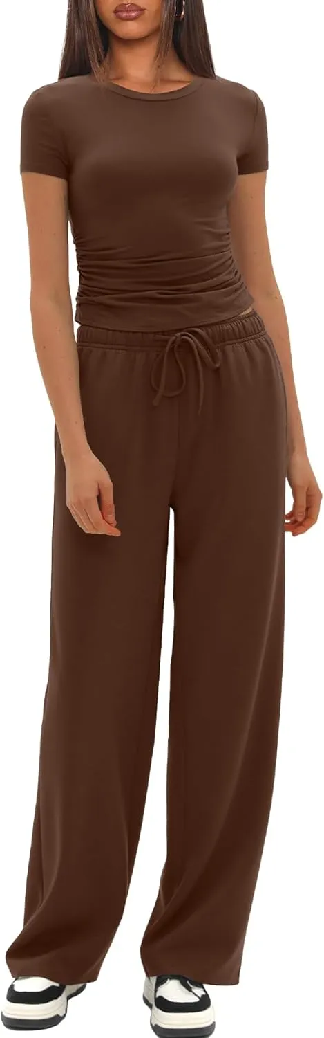 Darong Women's 2 Piece Outfits Casual Short Sleeve Pullover Tops and Wide Leg Pants Tracksuits Lounge Sets Trendy Clothes