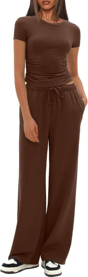 Darong Women's 2 Piece Outfits Casual Short Sleeve Pullover Tops and Wide Leg Pants Tracksuits Lounge Sets Trendy Clothes
