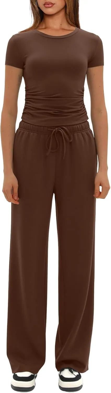Darong Women's 2 Piece Outfits Casual Short Sleeve Pullover Tops and Wide Leg Pants Tracksuits Lounge Sets Trendy Clothes
