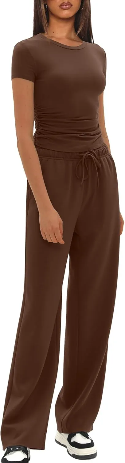 Darong Women's 2 Piece Outfits Casual Short Sleeve Pullover Tops and Wide Leg Pants Tracksuits Lounge Sets Trendy Clothes