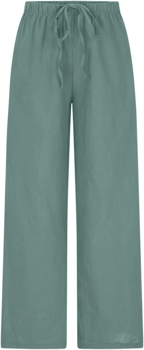 DASAYO Women's Summer Wide Leg Linen Pants Casual Beach Drawstring Long Pant Trouser Solid Loose Cute Lounge Spring Trousers