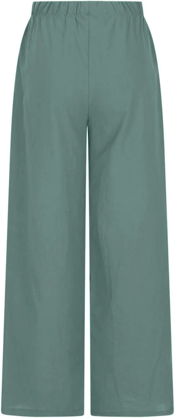 DASAYO Women's Summer Wide Leg Linen Pants Casual Beach Drawstring Long Pant Trouser Solid Loose Cute Lounge Spring Trousers