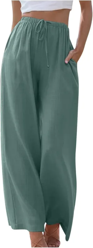 DASAYO Women's Summer Wide Leg Linen Pants Casual Beach Drawstring Long Pant Trouser Solid Loose Cute Lounge Spring Trousers