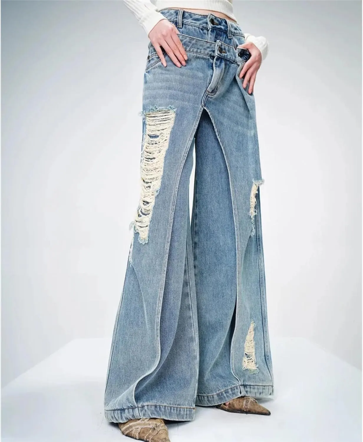 Dawery Women Wide Leg Baggy Jeans Patchwork Fake 2pcs Pants Ladies Denim Trousers Y2K Streetwear High Waist Loose Jeans