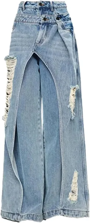 Dawery Women Wide Leg Baggy Jeans Patchwork Fake 2pcs Pants Ladies Denim Trousers Y2K Streetwear High Waist Loose Jeans