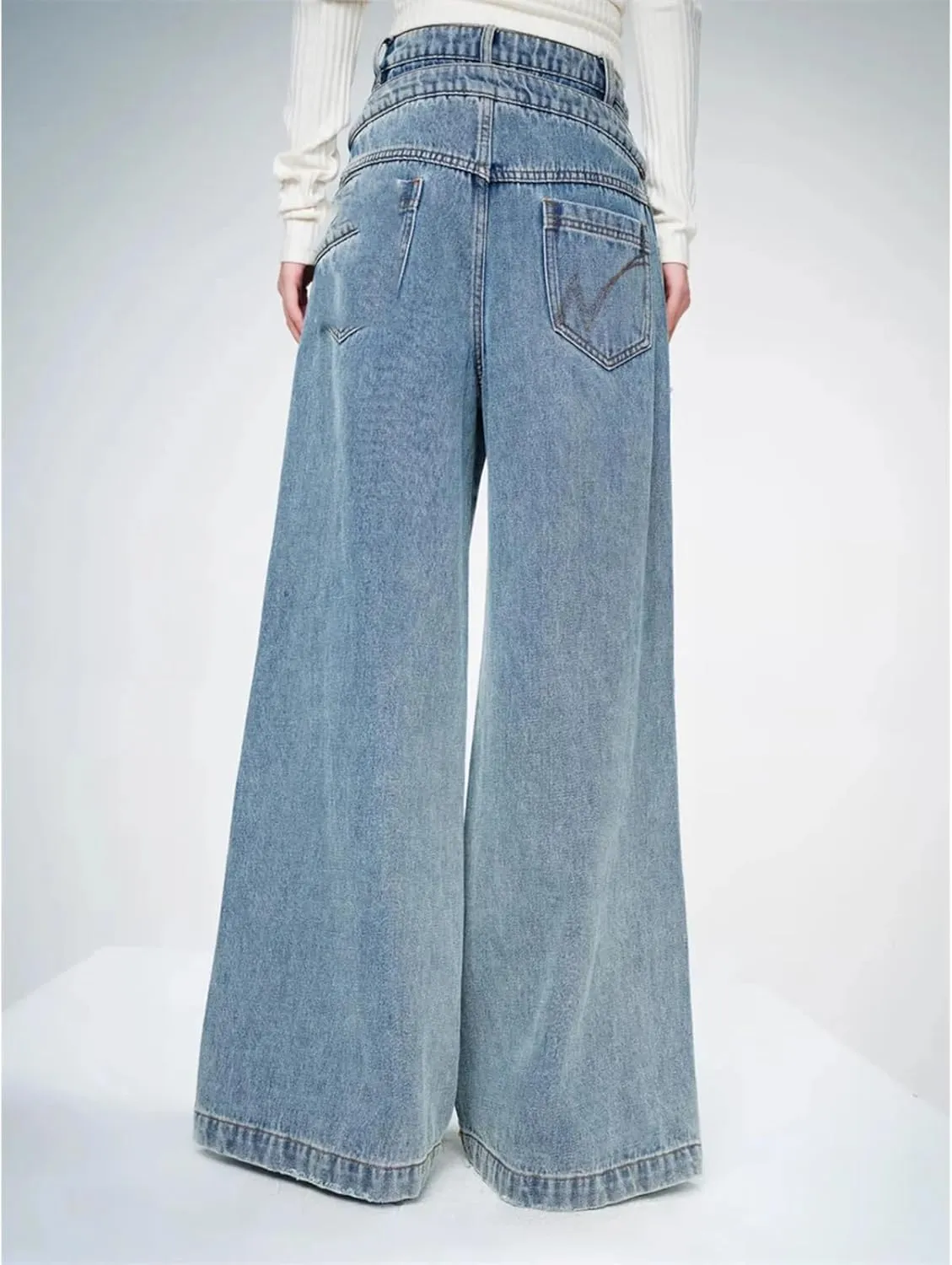 Dawery Women Wide Leg Baggy Jeans Patchwork Fake 2pcs Pants Ladies Denim Trousers Y2K Streetwear High Waist Loose Jeans
