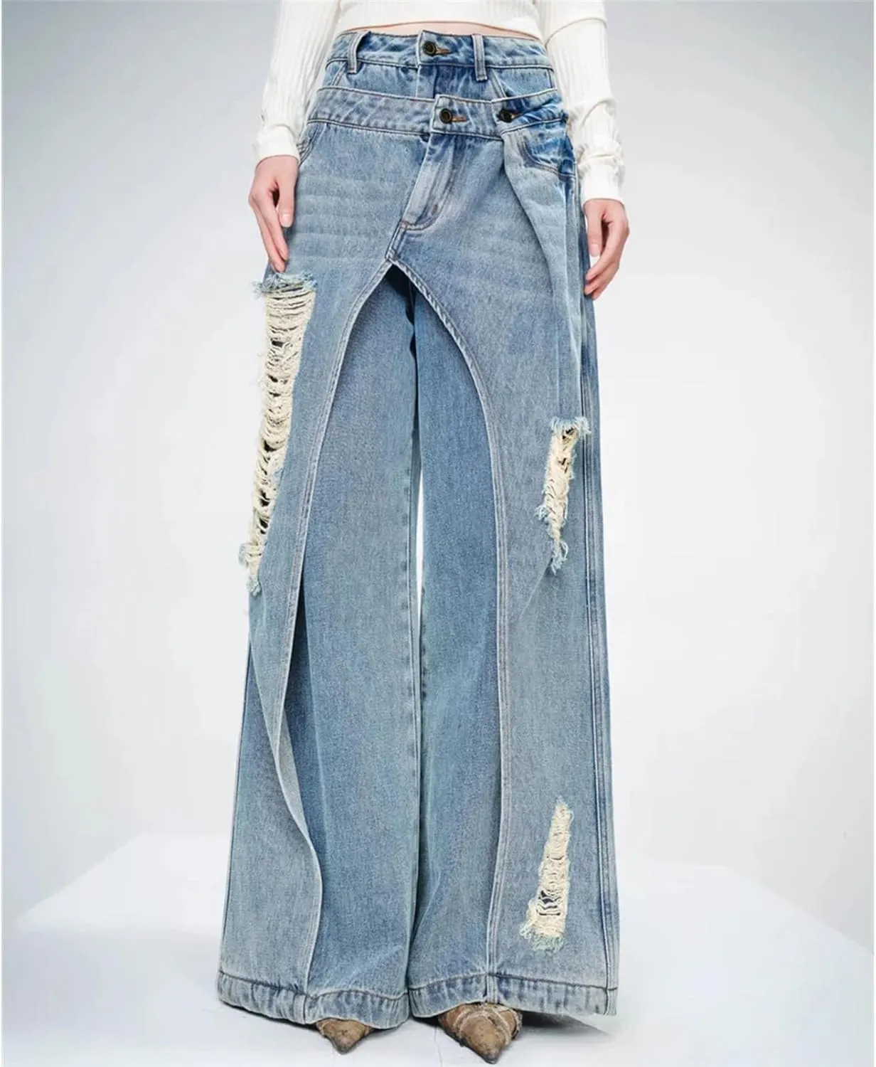 Dawery Women Wide Leg Baggy Jeans Patchwork Fake 2pcs Pants Ladies Denim Trousers Y2K Streetwear High Waist Loose Jeans