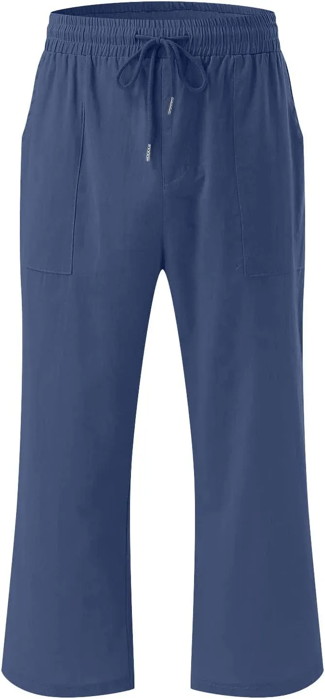 DDAPJ pyju Capri Pants for Women Plus Size Casual Drawstring High Waist Linen Pants Straight Leg Cropped Trouser with Pockets