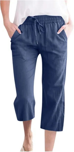 DDAPJ pyju Capri Pants for Women Plus Size Casual Drawstring High Waist Linen Pants Straight Leg Cropped Trouser with Pockets