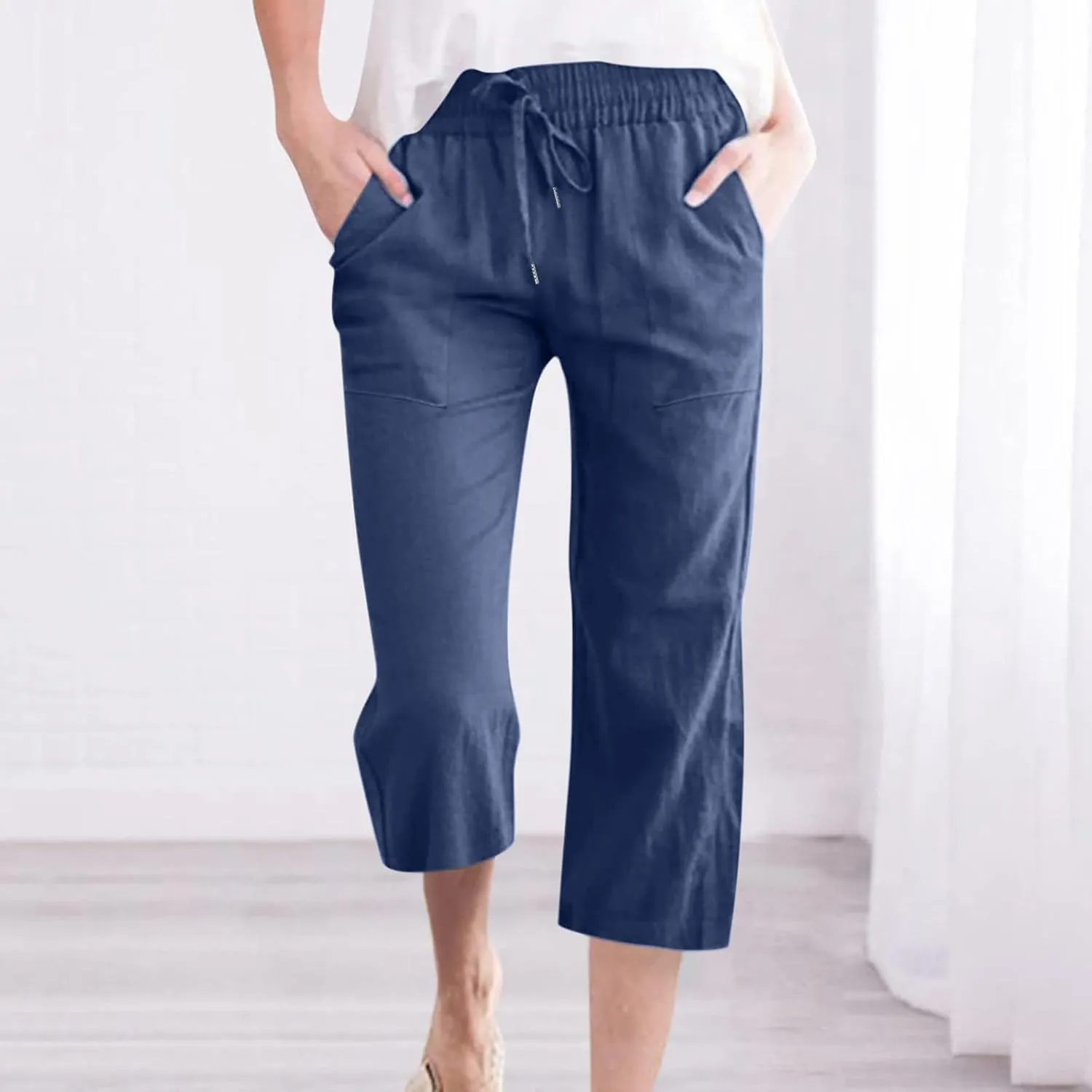 DDAPJ pyju Capri Pants for Women Plus Size Casual Drawstring High Waist Linen Pants Straight Leg Cropped Trouser with Pockets
