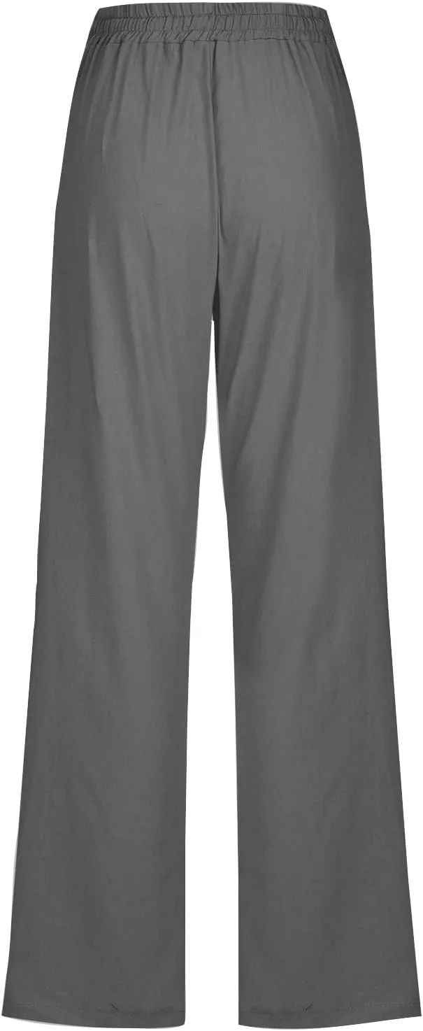 DDAPJ pyju Womens Casual Linen High Waist Pants Drawstring Waist Straight Leg Trousers Travel Summer Pants with Pockets
