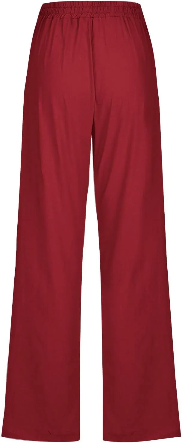 DDAPJ pyju Womens Casual Linen High Waist Pants Drawstring Waist Straight Leg Trousers Travel Summer Pants with Pockets