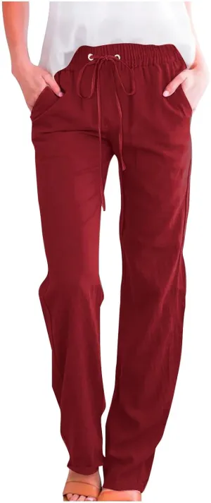 DDAPJ pyju Womens Casual Linen High Waist Pants Drawstring Waist Straight Leg Trousers Travel Summer Pants with Pockets