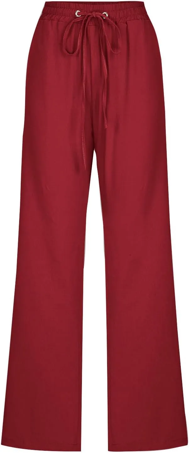 DDAPJ pyju Womens Casual Linen High Waist Pants Drawstring Waist Straight Leg Trousers Travel Summer Pants with Pockets