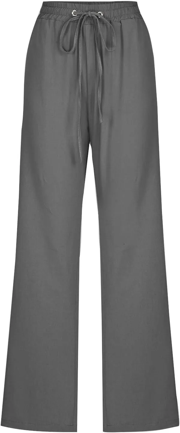 DDAPJ pyju Womens Casual Linen High Waist Pants Drawstring Waist Straight Leg Trousers Travel Summer Pants with Pockets