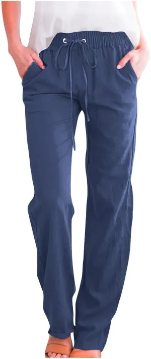 DDAPJ pyju Womens Casual Linen High Waist Pants Drawstring Waist Straight Leg Trousers Travel Summer Pants with Pockets
