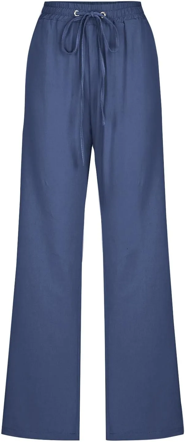 DDAPJ pyju Womens Casual Linen High Waist Pants Drawstring Waist Straight Leg Trousers Travel Summer Pants with Pockets