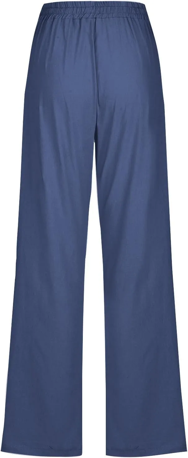 DDAPJ pyju Womens Casual Linen High Waist Pants Drawstring Waist Straight Leg Trousers Travel Summer Pants with Pockets