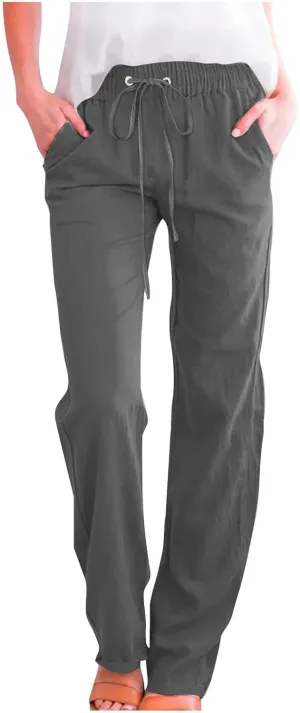 DDAPJ pyju Womens Casual Linen High Waist Pants Drawstring Waist Straight Leg Trousers Travel Summer Pants with Pockets