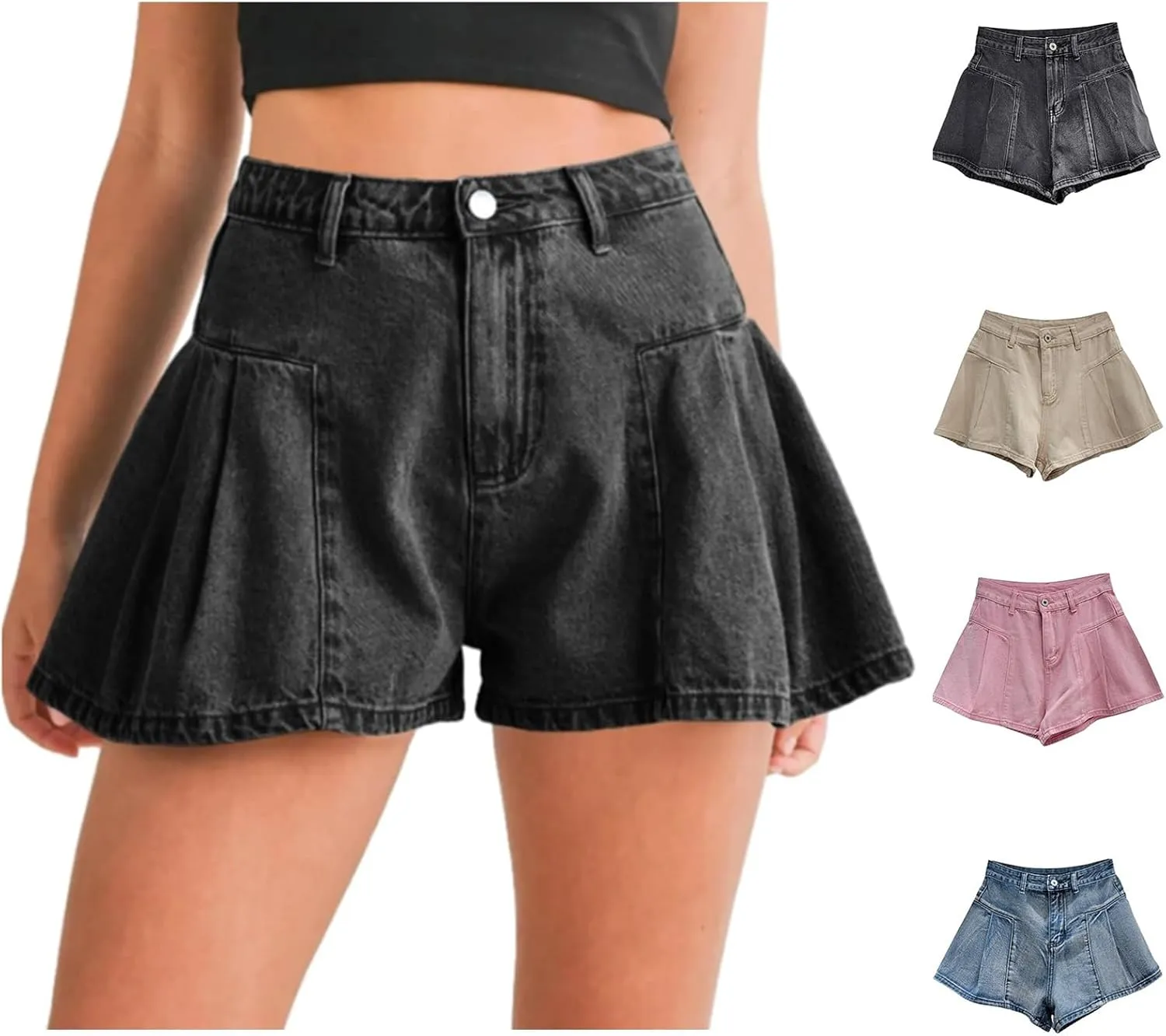Denim Skort for Women Casual Slim A-Line Ruffle Shorts Summer Wide Leg Stretch Pleated Y2K Mini Jean Skirt Shorts