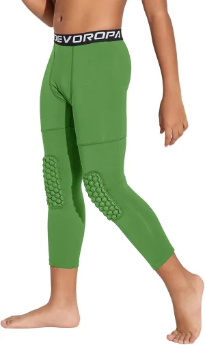 DEVOROPA Youth Boys' Compression Pants with Knee Pads 3/4 Basketball Athletic Tights Quick Dry Sports Workout Leggings