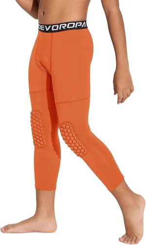 DEVOROPA Youth Boys' Compression Pants with Knee Pads 3/4 Basketball Athletic Tights Quick Dry Sports Workout Leggings