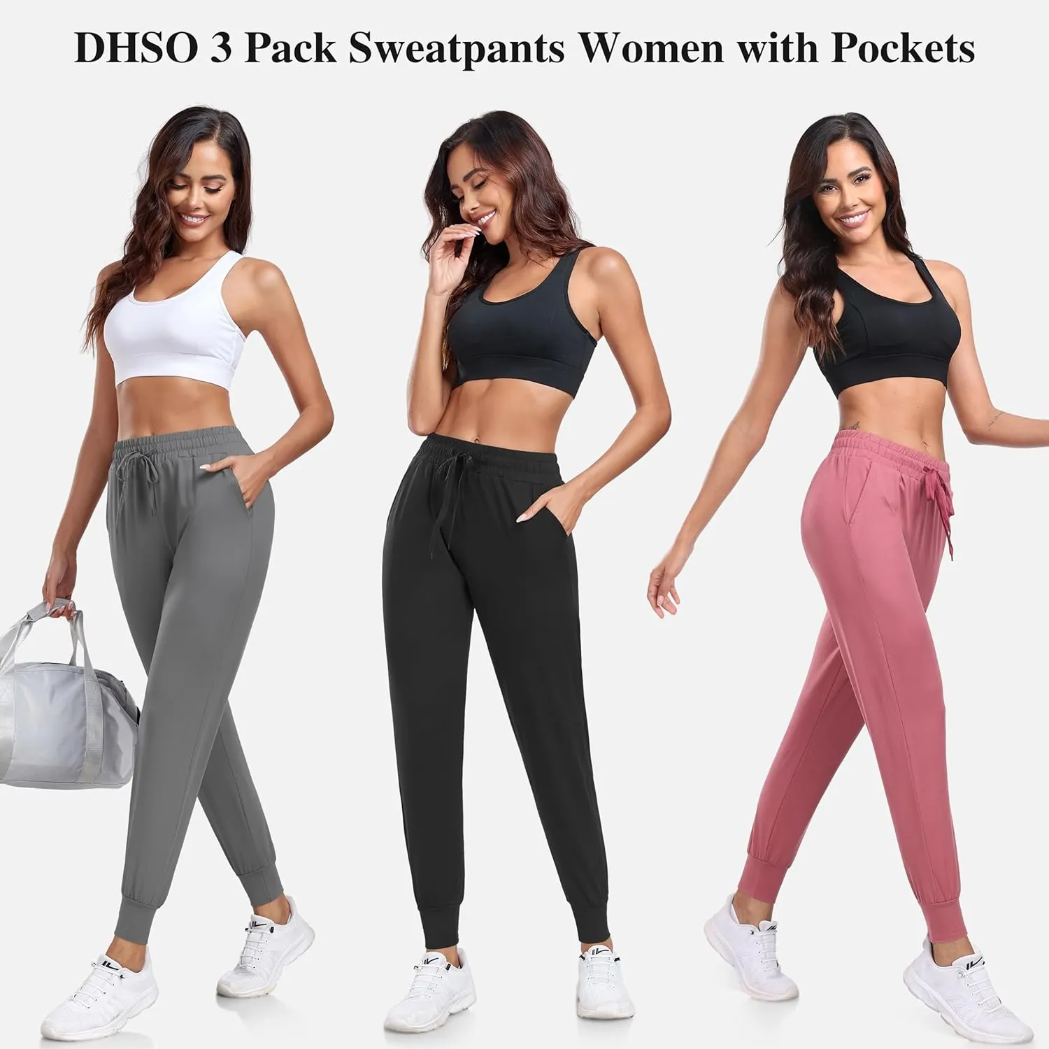 DHSO 3 Pack Sweatpants for Women-Womens Joggers with Pockets Athletic Leggings for Workout Yoga Running Pants Trousers