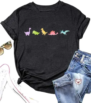 Dinosaur Shirt for Women Cute Dinosaur Graphic Tee Short Sleeve Animal Lover Teacher Top