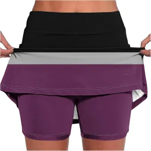 Elastic Yoga Skorts for Women Tummy Control Plus Size Trendy Color Block High Waist Athletic Sports Pants Skirt Soft