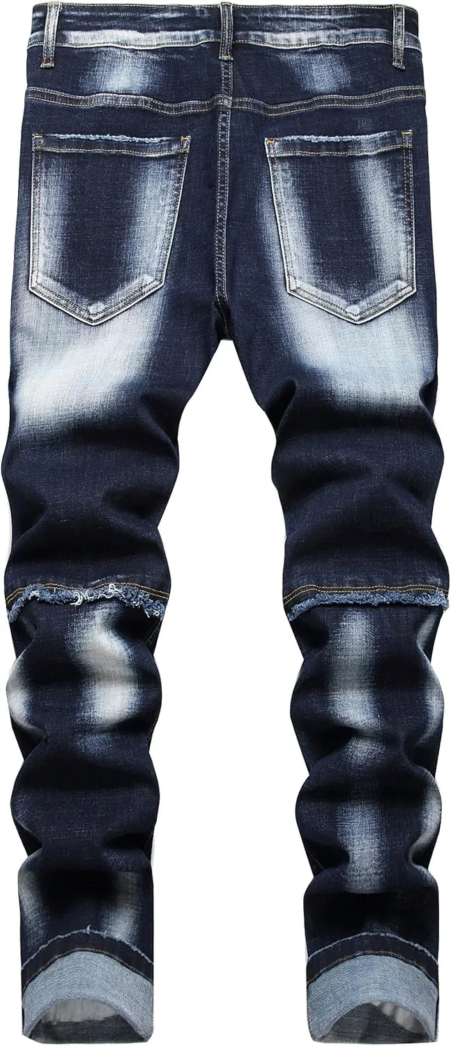 Enrica Men's Ripped Distressed Destroyed Straight Fit Washed Denim Jeans