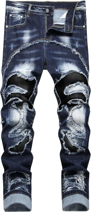 Enrica Men's Ripped Distressed Destroyed Straight Fit Washed Denim Jeans