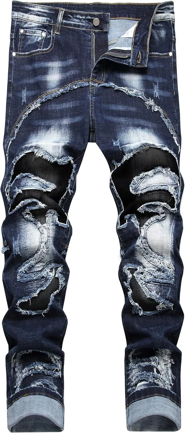 Enrica Men's Ripped Distressed Destroyed Straight Fit Washed Denim Jeans