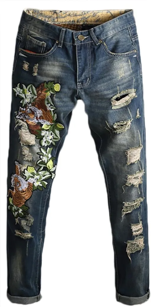 Enrica Men's Ripped Straight Slim Moto Biker Jeans