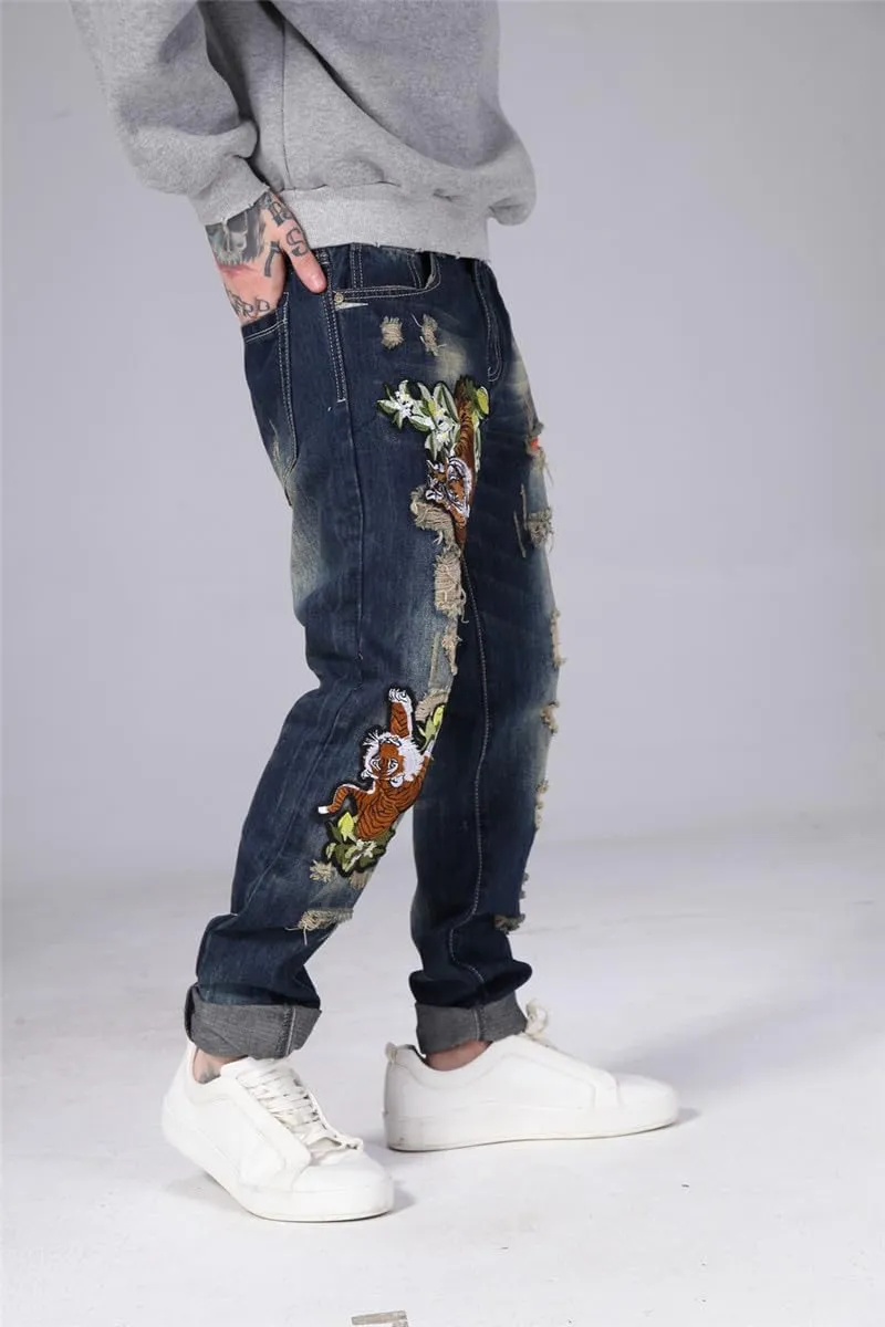 Enrica Men's Ripped Straight Slim Moto Biker Jeans