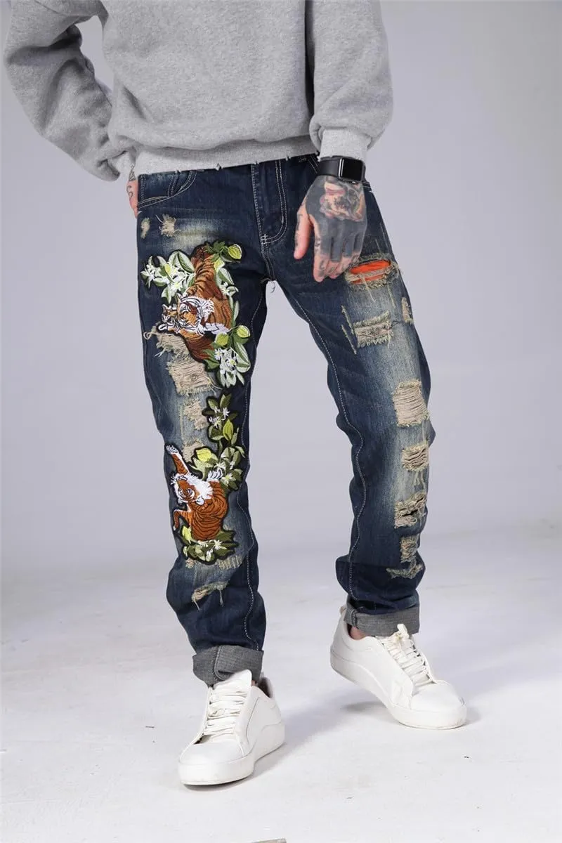 Enrica Men's Ripped Straight Slim Moto Biker Jeans