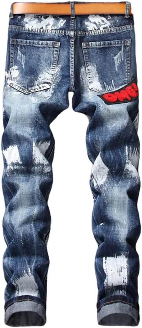 Enrica Men's Ripped Straight Slim Moto Biker Jeans