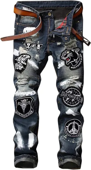 Enrica Men's Ripped Straight Slim Moto Biker Jeans